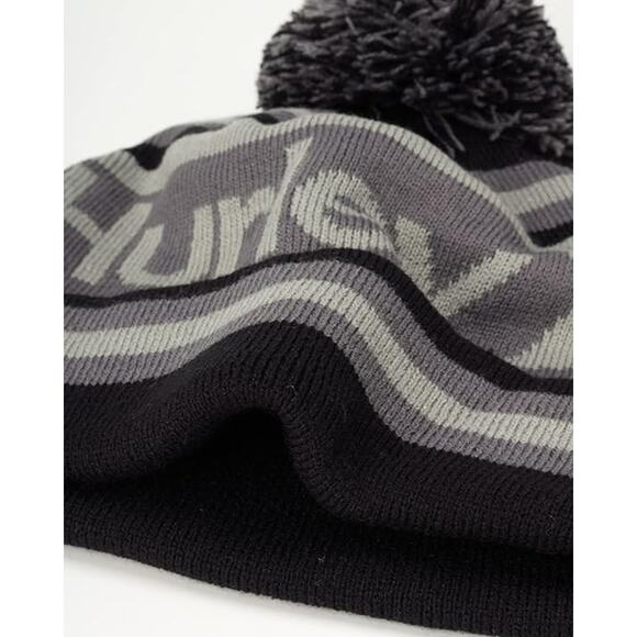 Hurley Ragland Black Gray Pom Beanie Knit Winter Hat Cuffed Acrylic One Size New - Picture 4 of 14